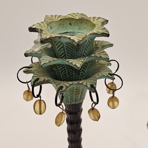 Cold Painted Brass Candlestick Set - Tropical Palm Trees with Beaded Accents - Picture 6 of 8